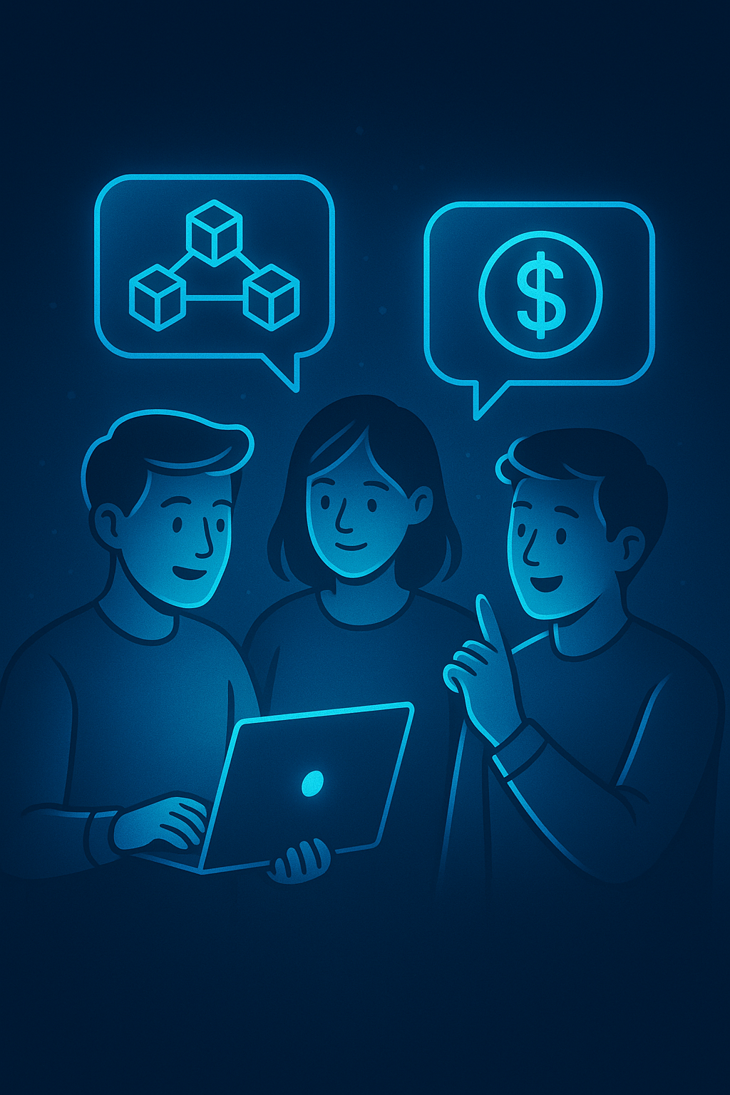 Illustration showing people learning blockchain and finance together