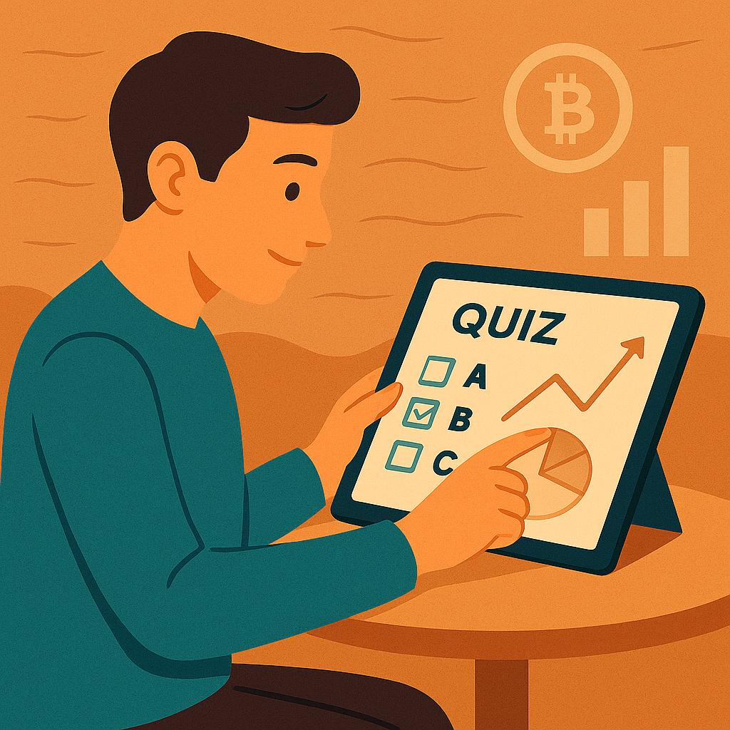 Illustration of interactive crypto learning through quizzes and charts