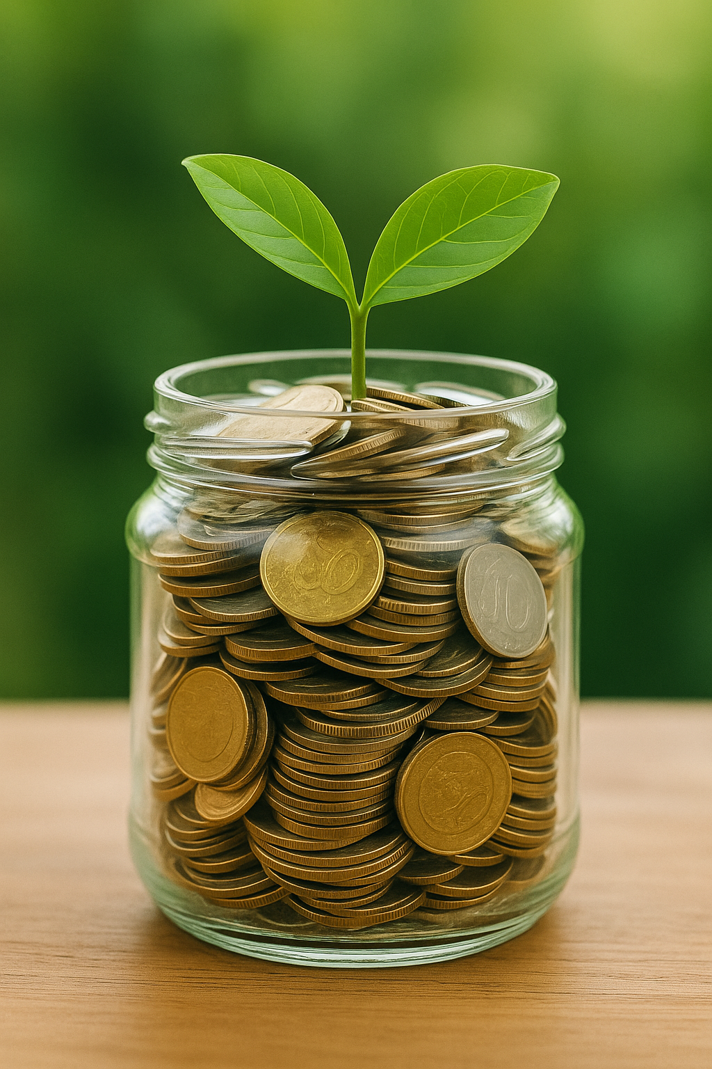 Savings jar filled with coins and green plant representing financial growth
