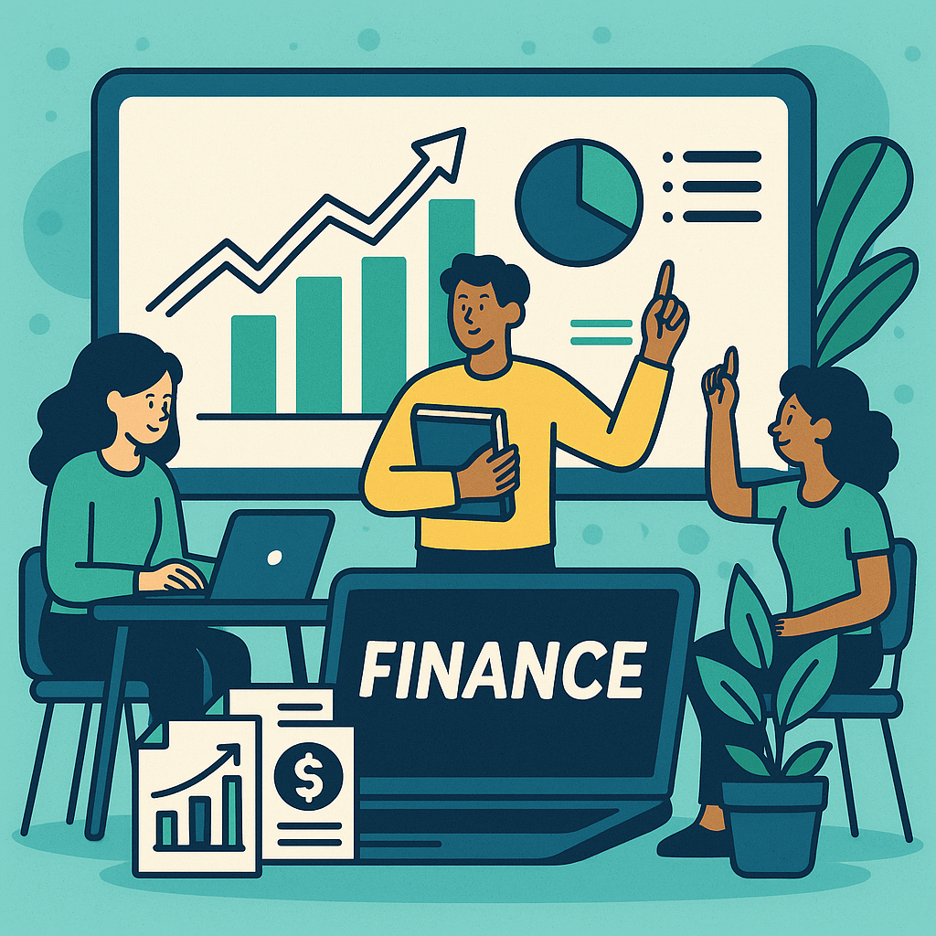 Interactive finance learning illustration with charts and students