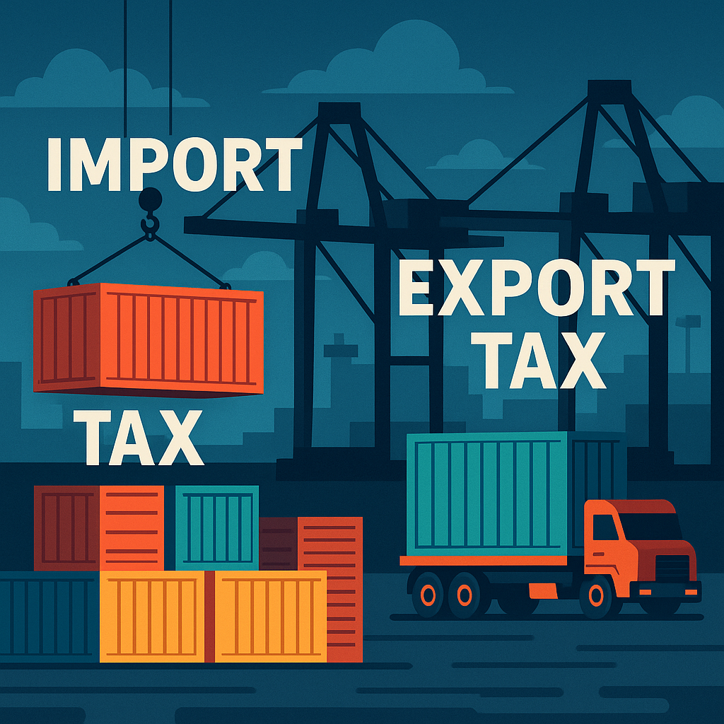 Illustration showing containers at a port symbolizing import and export taxes