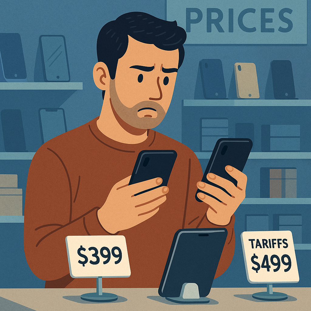 Consumer comparing smartphone prices affected by tariffs