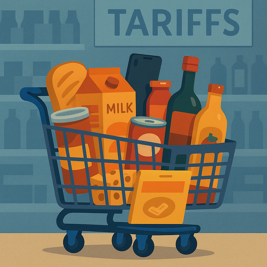 Supermarket cart filled with products representing tariff-influenced consumer goods